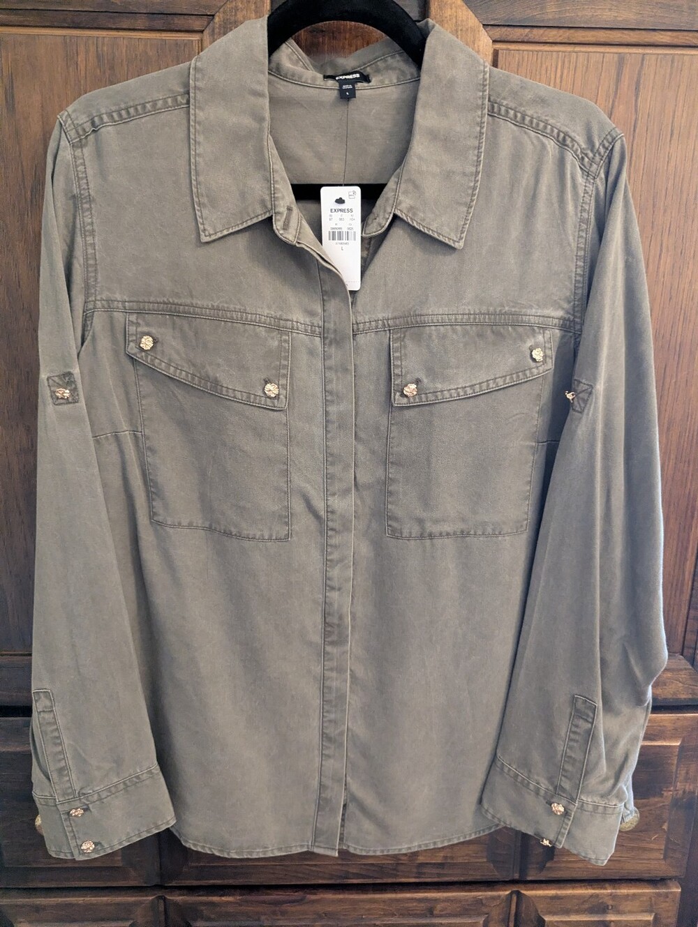 NWT Express Novelty Button Front Pocket Shirt In  Olive Green